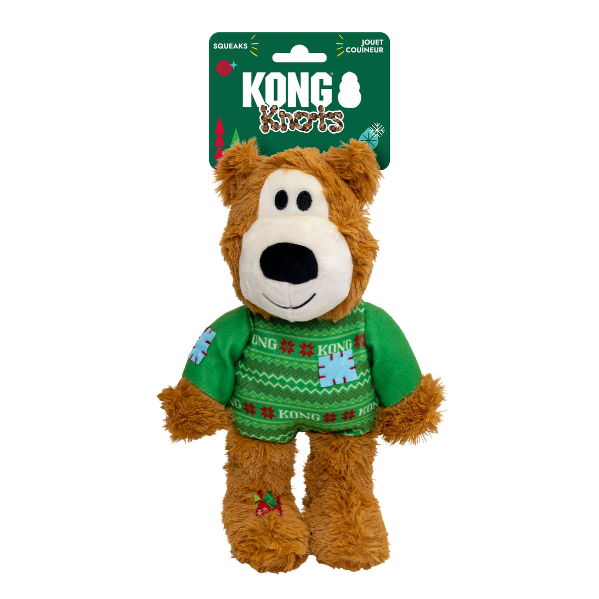 Kong Holiday Wild Knots Sweater Bear Dog Toy - Green - in retail packaging with KONG Knots hang tag - Kong - PetMax Canada