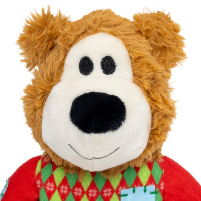 Kong Holiday Wild Knots Sweater Bear Dog Toy - Red - close-up of the face and sweater - Kong - PetMax Canada