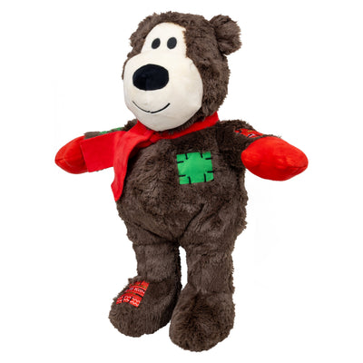 Kong Holiday Wild Knots Jumbo Bear Dog Toy - Brown - three-quarter view showing the scarf, mittens and green chest patch - Kong - PetMax Canada