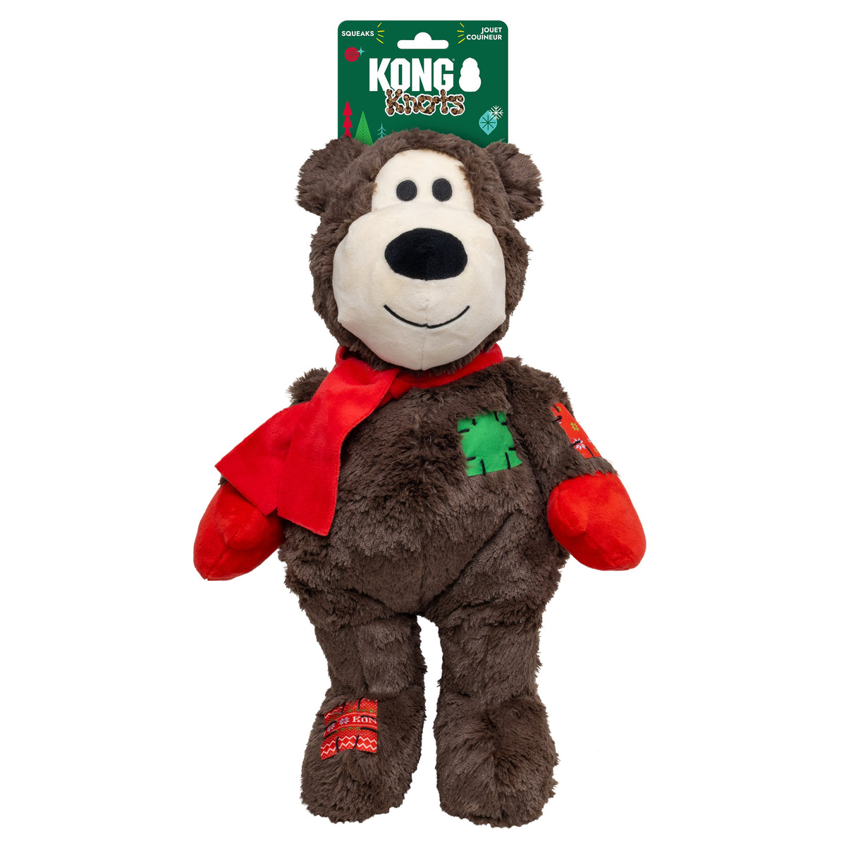 Kong Holiday Wild Knots Jumbo Bear Dog Toy - Brown - bear with its green KONG Knots hang tag marked Squeaks - Kong - PetMax Canada