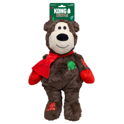 Kong Holiday Wild Knots Jumbo Bear Dog Toy - Brown - bear with its green KONG Knots hang tag marked Squeaks - Kong - PetMax Canada