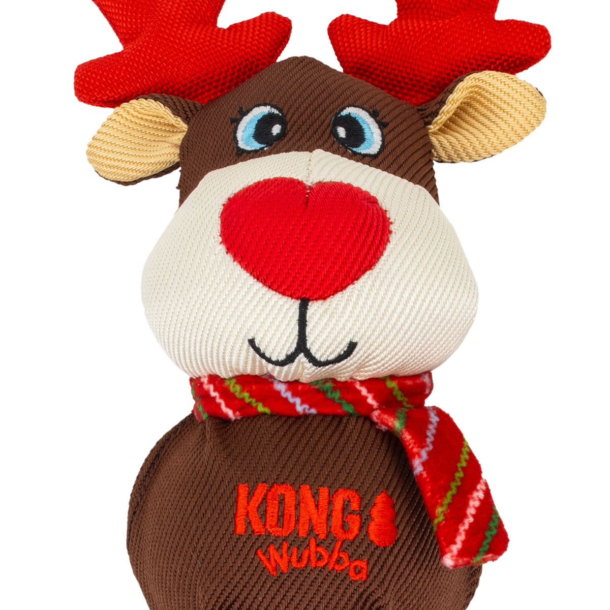 Kong Holiday Wubba Dog Toy - Assorted Characters - Close-up of the Large reindeer's embroidered face and woven fabric - Kong - PetMax Canada