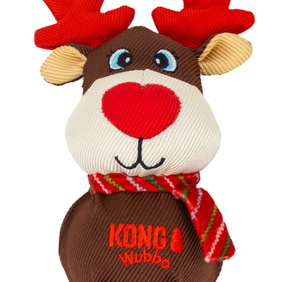 Kong Holiday Wubba Dog Toy - Assorted Characters - Close-up of the Large reindeer's embroidered face and woven fabric - Kong - PetMax Canada