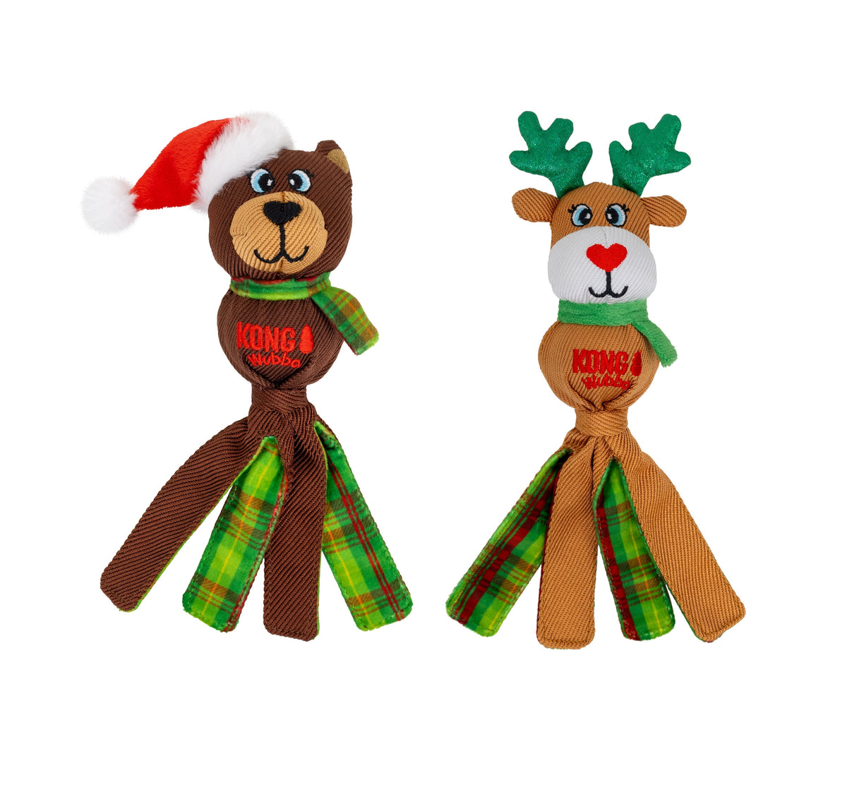 Kong Holiday Wubba Dog Toy - Assorted Characters - Small bear and reindeer characters side by side - Kong - PetMax Canada