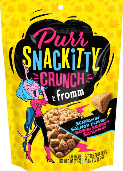 Fromm Purr-Snackitty Crunch Screamin' Salmon Cat Treats - 85g - front-transparent-bg - Fromm - PetMax Canada
