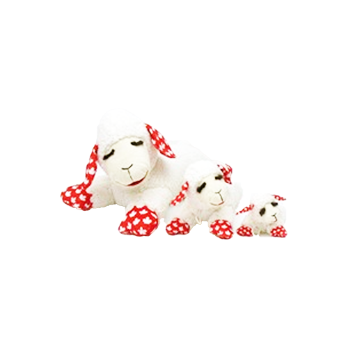 Multipet Lamb Chop Maple Leaf Pattern Plush Dog Toy - 6 inch shown with the larger sizes - Dog Toy - Lamb Chop - PetMax Canada