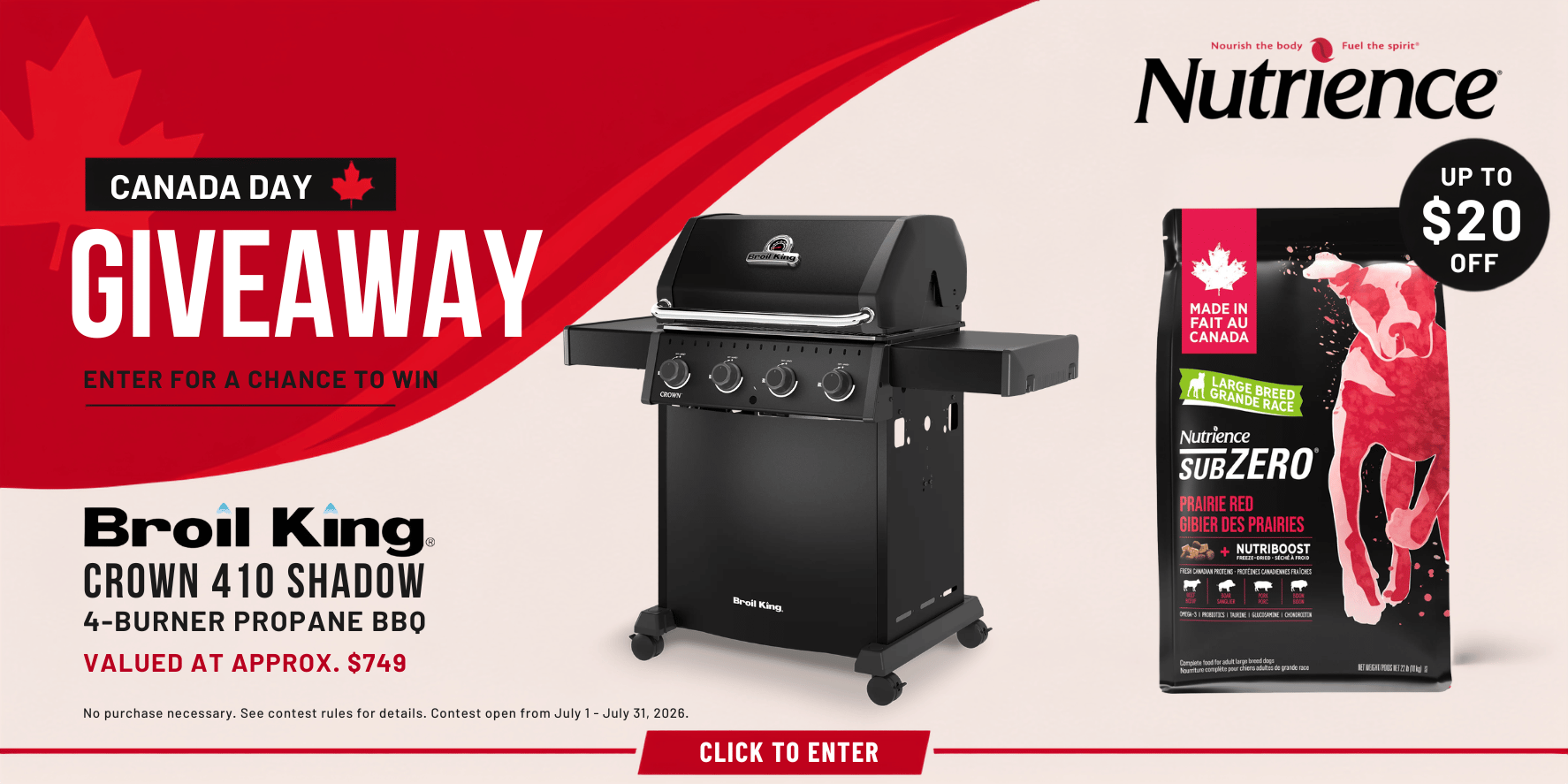 Promotional banner for Nutrience Canada Day giveaway with Broil King BBQ and Surzero product.