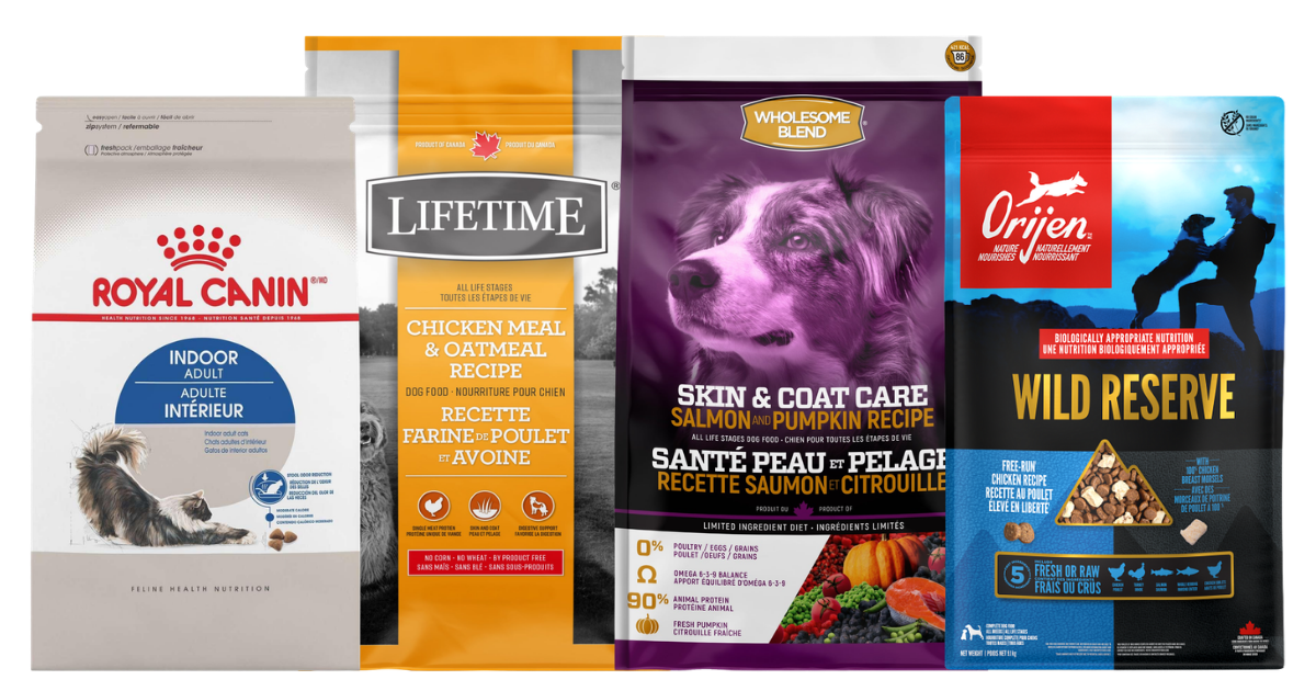 Royal Canin Indoor Adult cat food, Lifetime Chicken Meal & Oatmeal dog food, Wholesome Blend Skin & Coat Care dog food and Orijen Wild Reserve Free-Run Chicken dog food bags