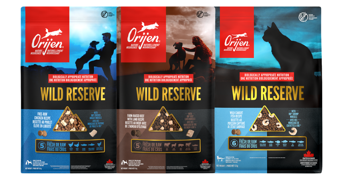 Orijen Wild Reserve bags: Free-Run Chicken dog food, Farm-Raised Beef & Lamb dog food and Wild-Caught Fish cat food