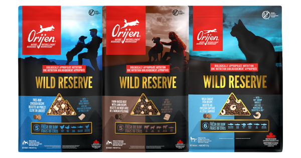 Orijen Wild Reserve bags: Free-Run Chicken dog food, Farm-Raised Beef & Lamb dog food and Wild-Caught Fish cat food