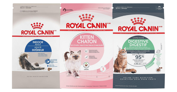Royal Canin dry cat food bags: Indoor Adult, Kitten and Digestive Care