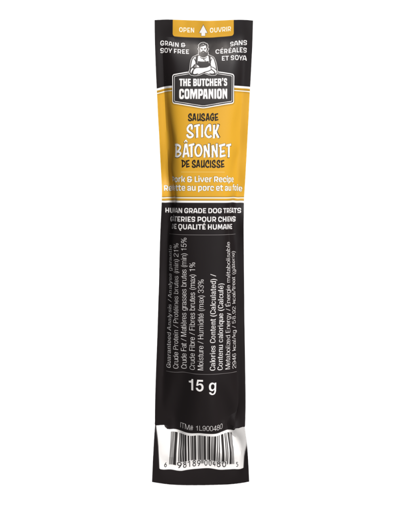The Butcher's Companion Single Sausage Stick Pork & Liver Recipe Dog Treat - Dog Treats - The Butcher's Companion - PetMax Canada