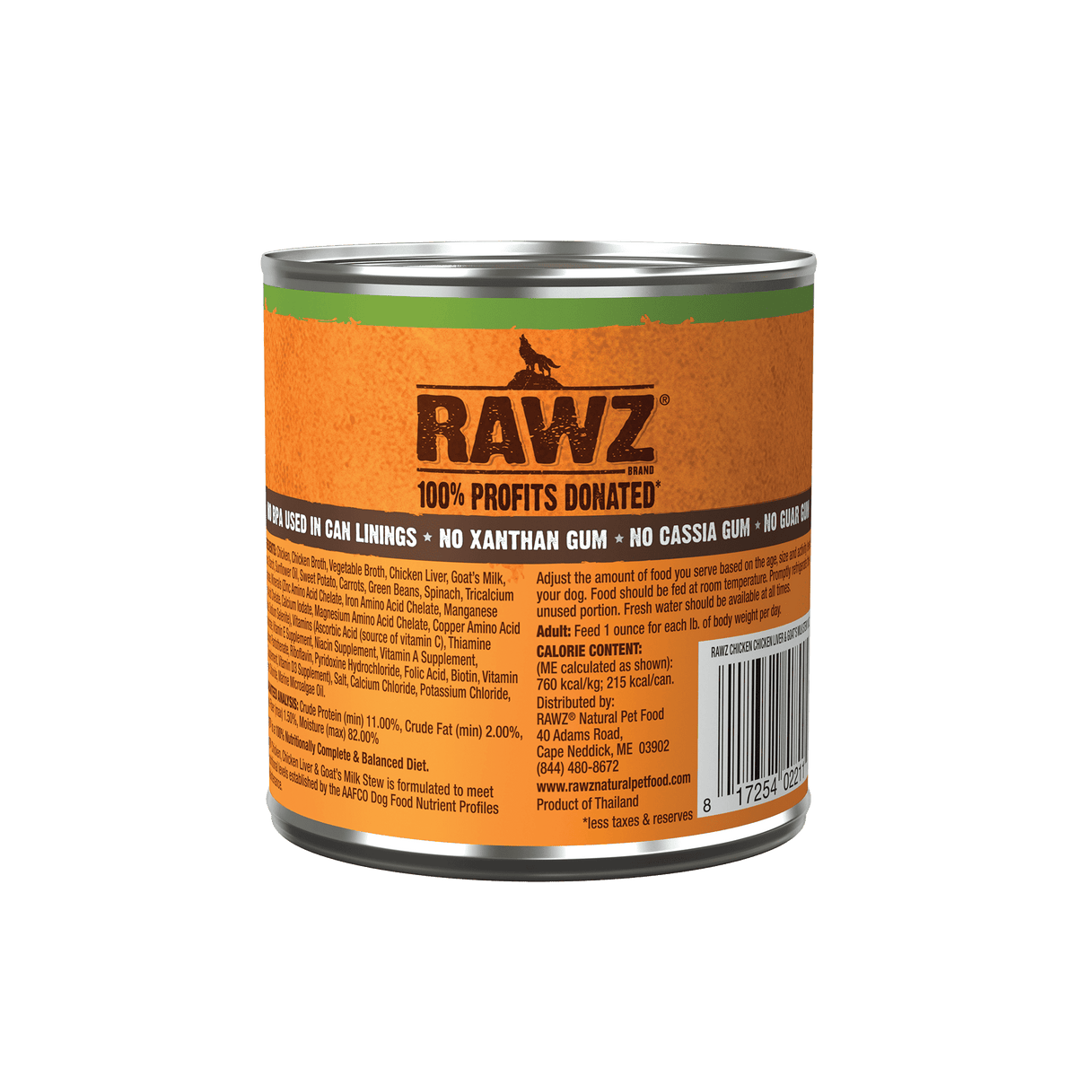 RAWZ Chicken, Chicken Liver & Goat's Milk Stew Canned Dog Food - Back Label with Ingredients, Guaranteed Analysis and Feeding Directions - RAWZ - PetMax Canada