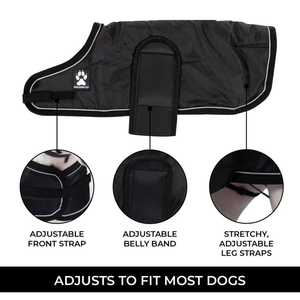 Shedrow K9 Vail Dog Coat Black - feature callouts flat-lay, all-black, 1000x1000 - PetMax Canada