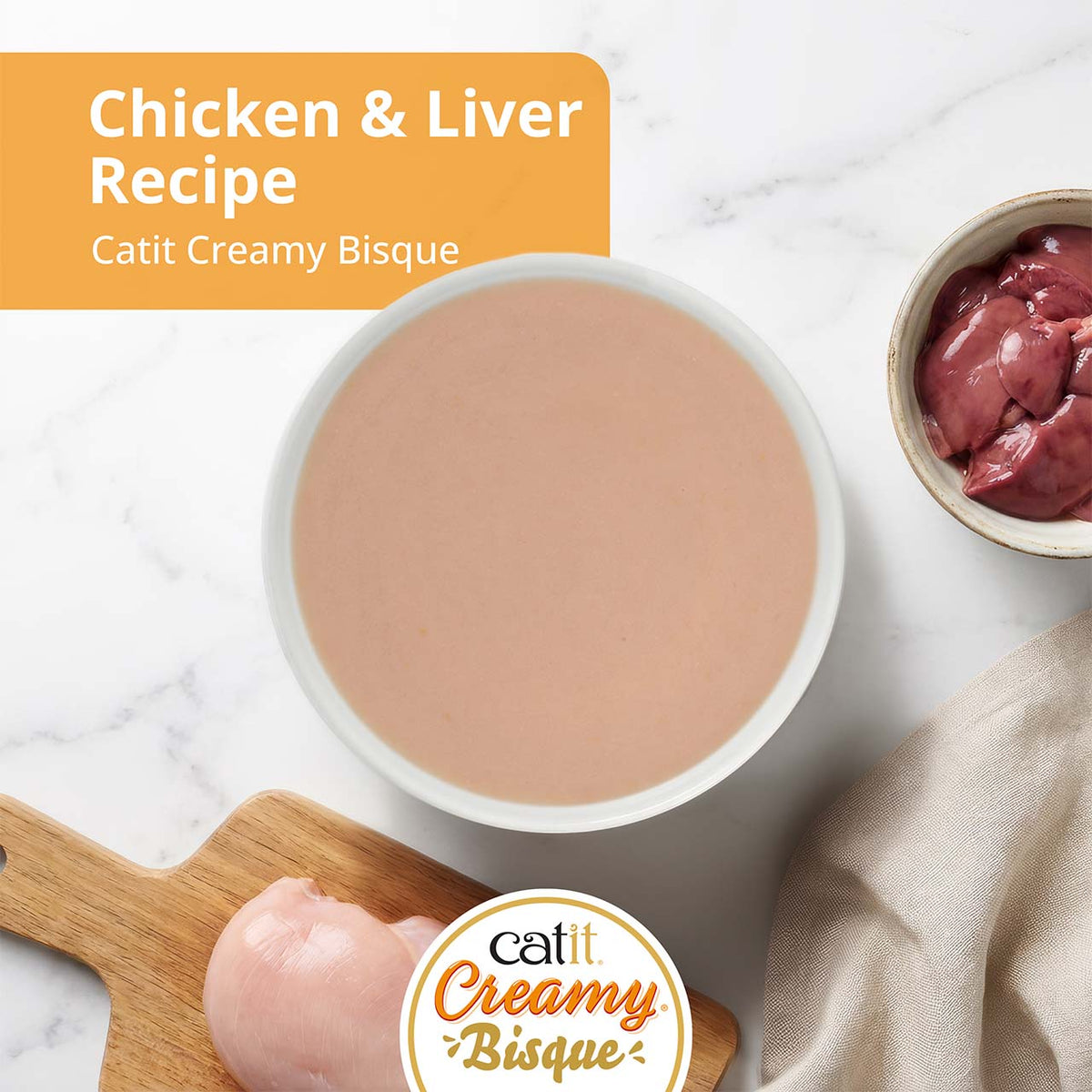 Catit Creamy Bisque Chicken & Liver Cat Treats - bisque served in a bowl with chicken and chicken liver - PetMax Canada