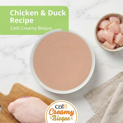 Catit Creamy Bisque Chicken & Duck Cat Treats - bisque served in a bowl with chicken and duck - PetMax Canada