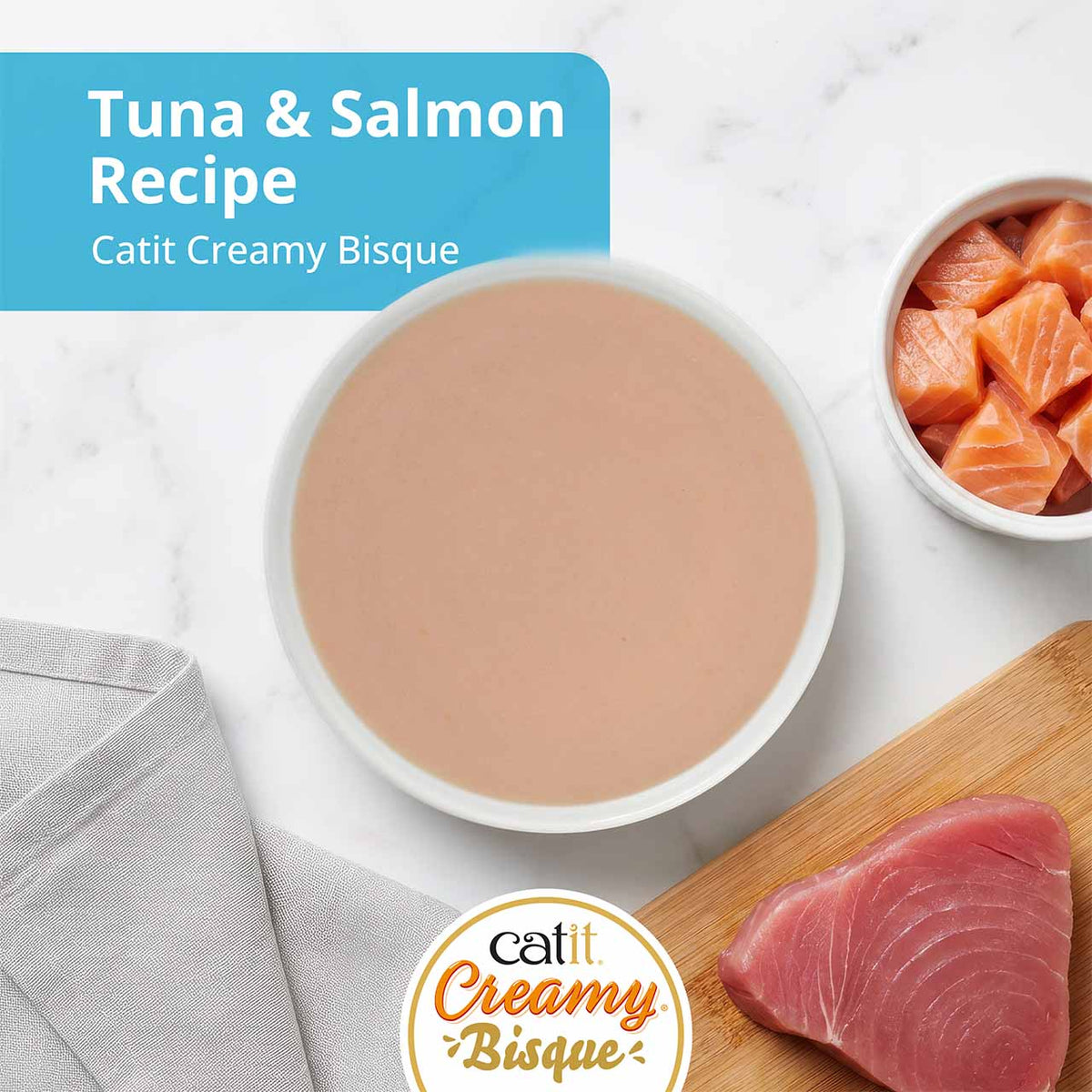 Catit Creamy Bisque Tuna & Salmon Cat Treats - bisque served in a bowl with tuna and salmon - PetMax Canada