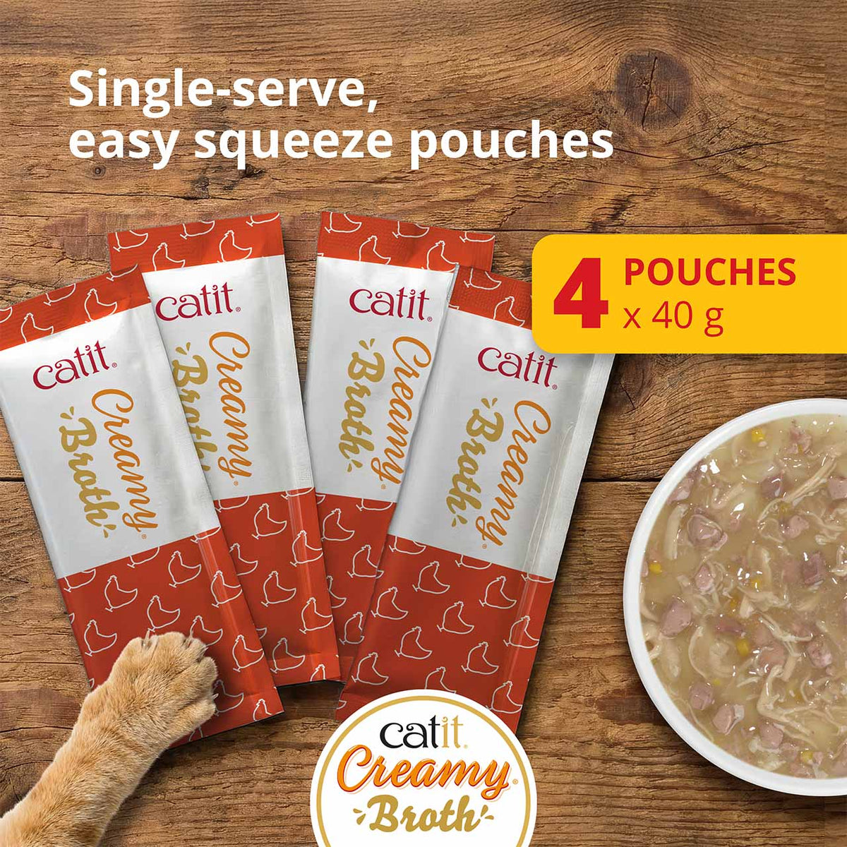 Catit Creamy Broth Chicken & Liver Cat Treats - four 40g single-serve pouches - PetMax Canada