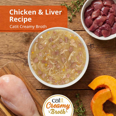 Catit Creamy Broth Chicken & Liver Cat Treats - Chicken & Liver broth in a bowl with fresh ingredients - PetMax Canada