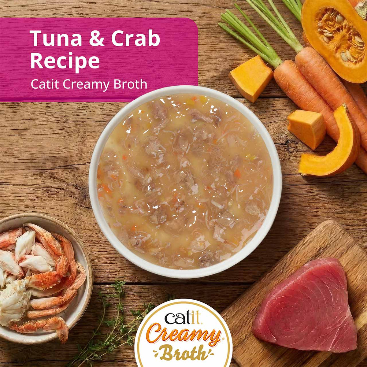 Catit Creamy Broth Tuna & Crab Cat Treats - Tuna & Crab broth in a bowl with fresh ingredients - PetMax Canada