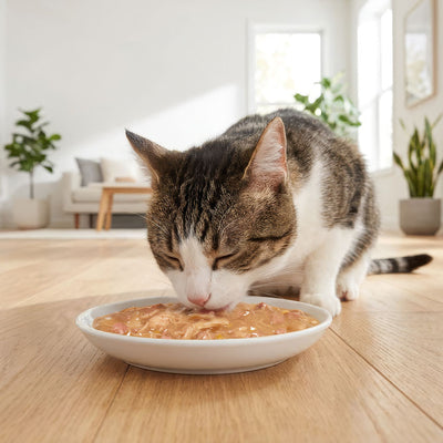 Catit Creamy Broth Chicken & Liver Cat Treats - tabby cat eating the broth - PetMax Canada