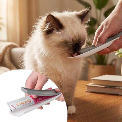 Catit Creamy Lickable Cat Treats Party Pack with Spoon - cat licking Creamy from the Creamy Spoon - PetMax Canada