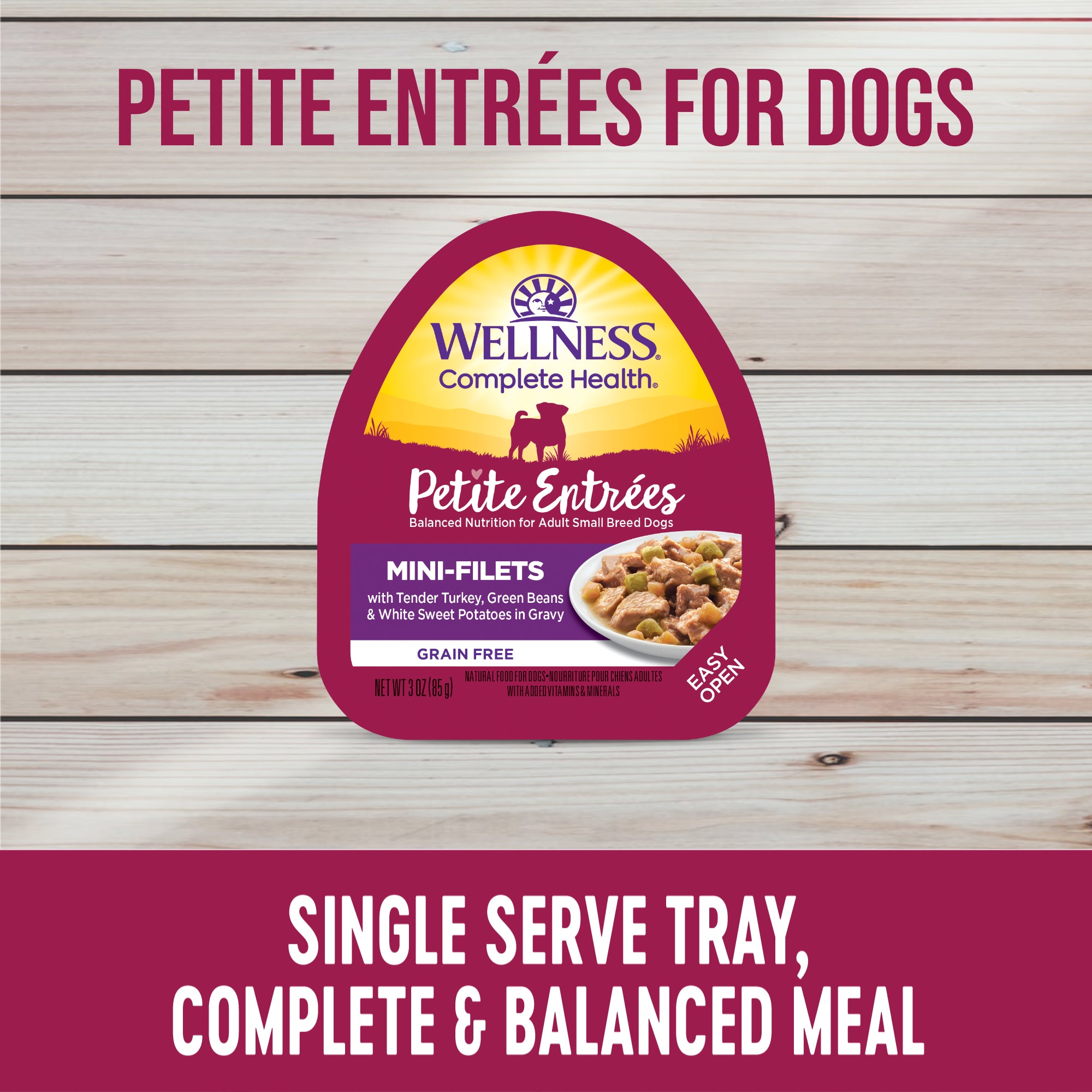 Wellness Petite Entrees single serve complete and balanced wet dog food trays available at PetMax.ca