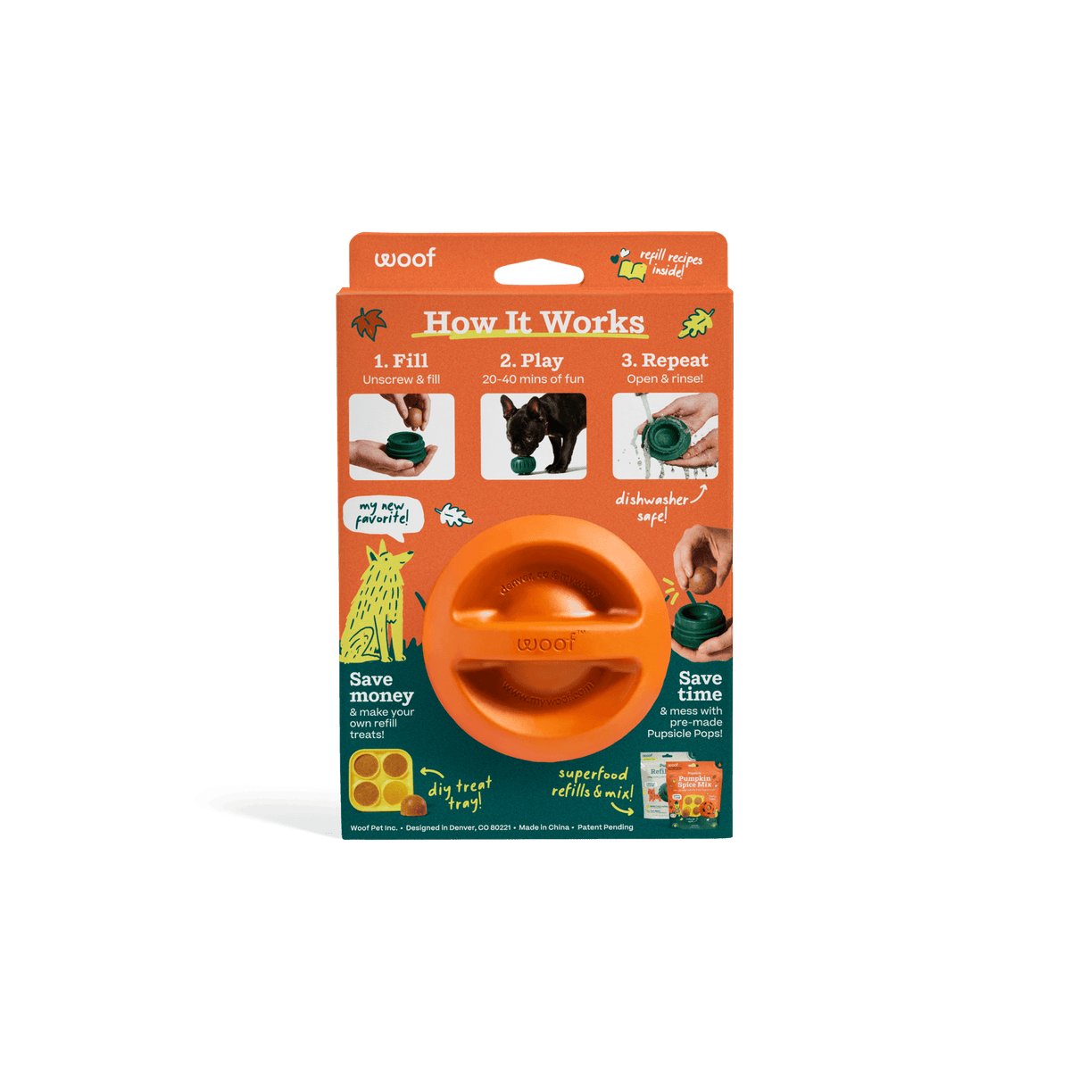 Woof Pupsicle Treat Dispenser Dog Toy - Pumpkin - Package back with how-it-works steps - Woof - PetMax Canada