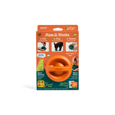 Woof Pupsicle Treat Dispenser Dog Toy - Pumpkin - Package back with how-it-works steps - Woof - PetMax Canada