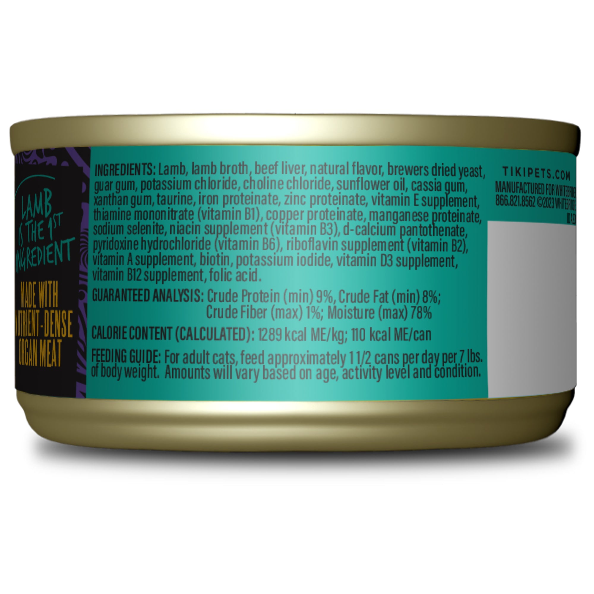 Tiki Cat After Dark Pâté Lamb & Beef Liver Recipe Canned Wet Cat Food - Back of Pack Nutrition Info - Tiki Cat - PetMax Canada