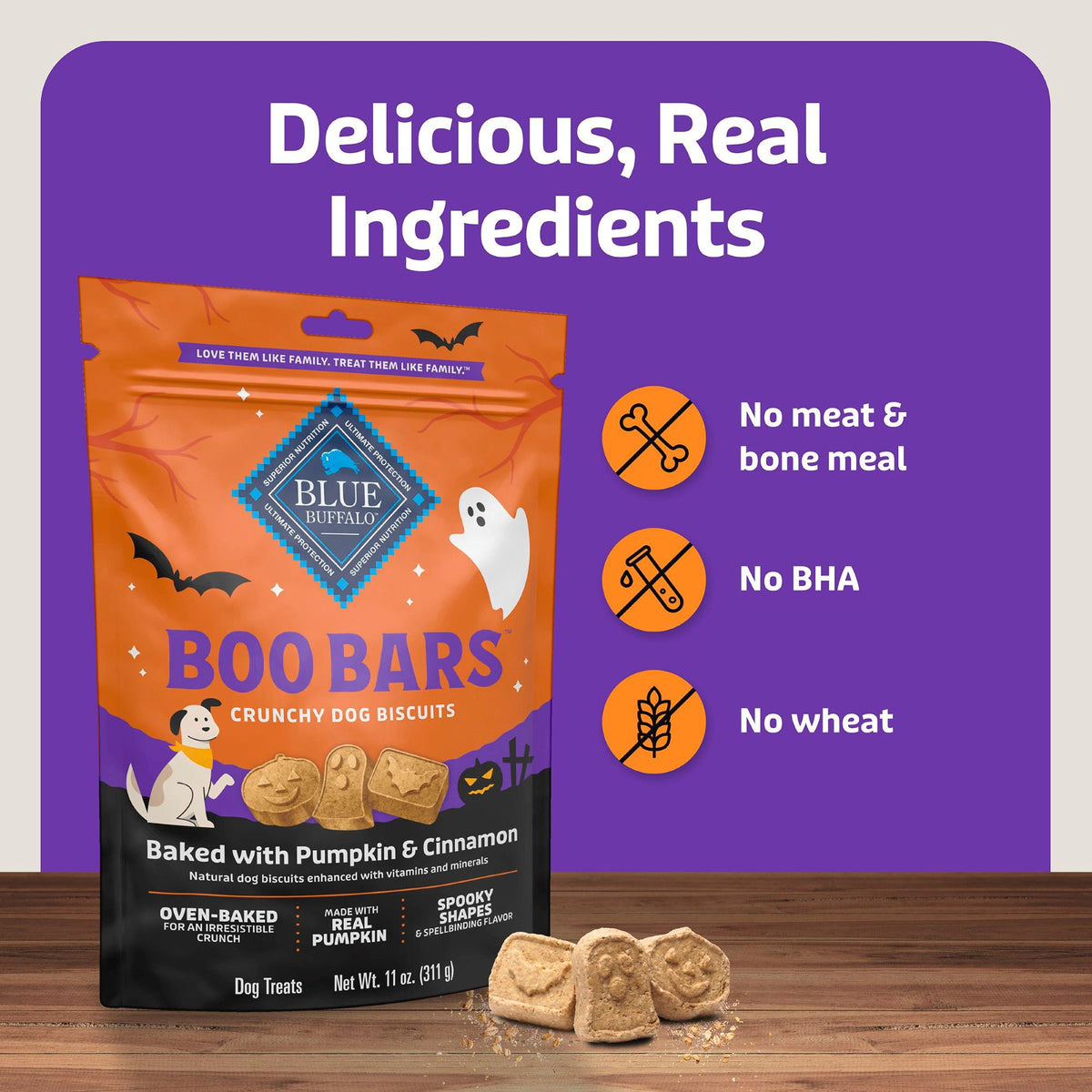 Blue Buffalo Boo Bars Halloween Dog Treats Pumpkin & Cinnamon - 311g - made without meat and bone meal, BHA or wheat - Blue Buffalo - PetMax Canada