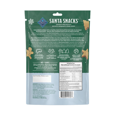 Blue Buffalo Santa Snacks Holiday Dog Treats Oatmeal & Cinnamon - 311g - Back of Bag with Ingredients and Nutrition Facts - Blue Buffalo - PetMax Canada