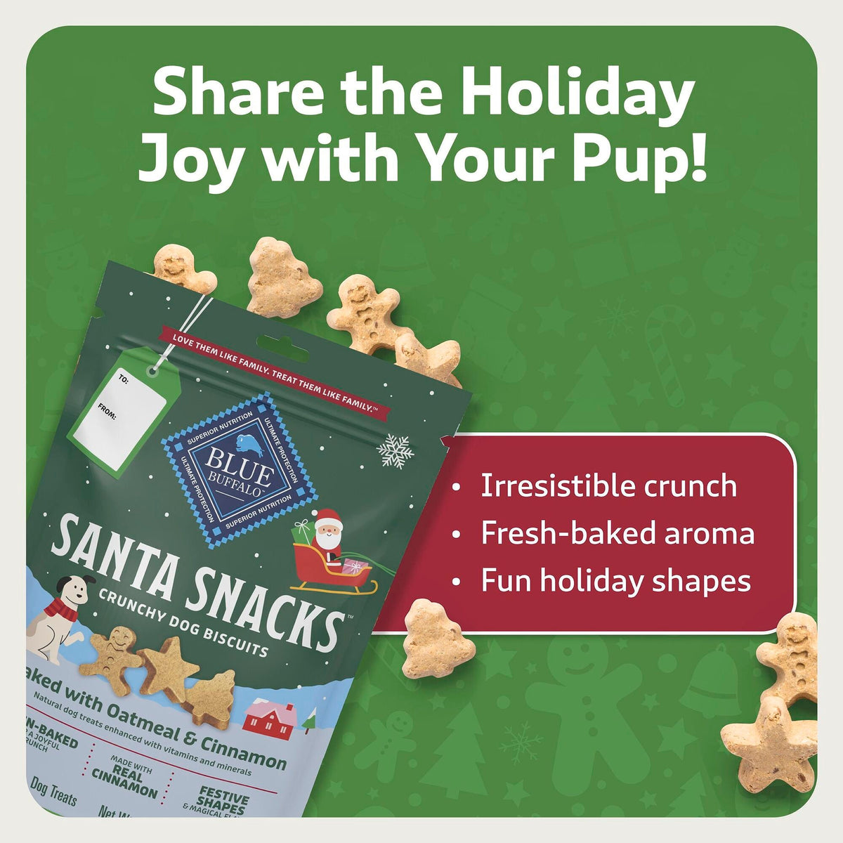 Blue Buffalo Santa Snacks holiday dog biscuits in gingerbread man, star and tree shapes - PetMax Canada