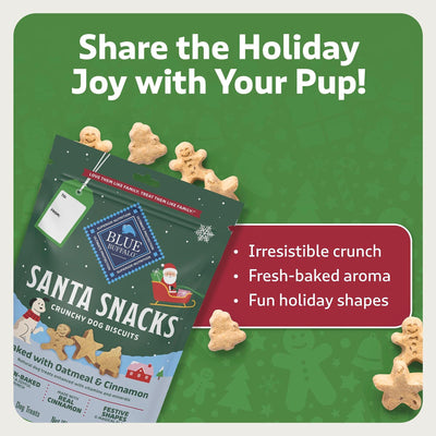 Blue Buffalo Santa Snacks holiday dog biscuits in gingerbread man, star and tree shapes - PetMax Canada