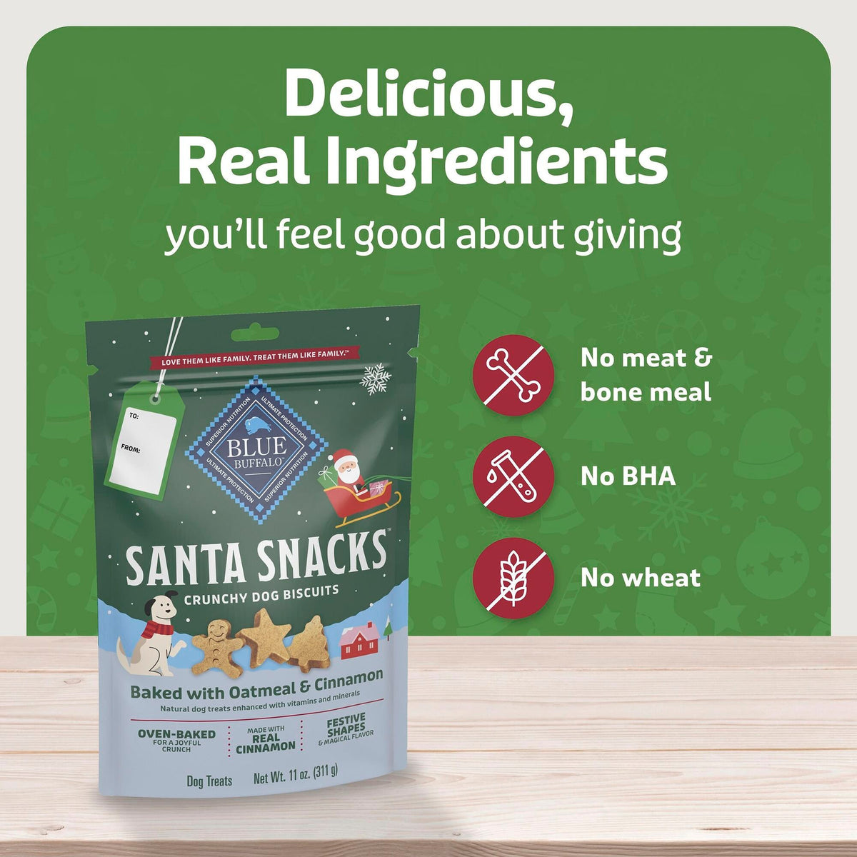 Blue Buffalo Santa Snacks Holiday Dog Treats Oatmeal & Cinnamon - 311g - made without meat and bone meal, BHA or wheat - Blue Buffalo - PetMax Canada