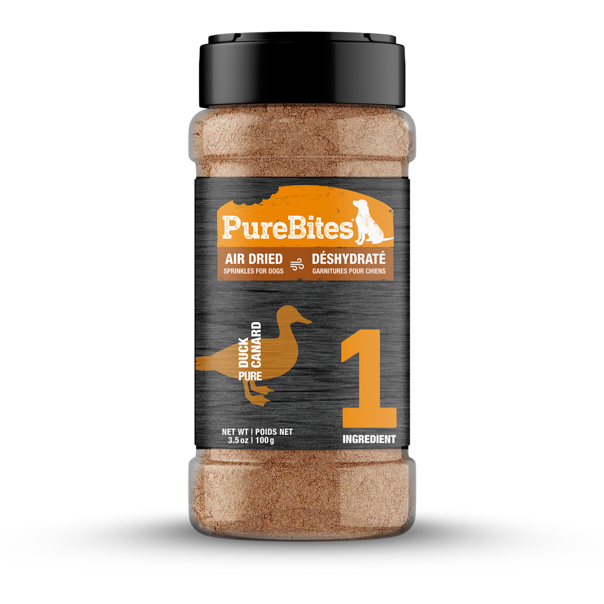 Pure Bites Air Dried Sprinkles Duck Flavour Topper For Dogs - front of the 100g / 3.5oz shaker bottle - Dog Treats - PureBites - PetMax Canada