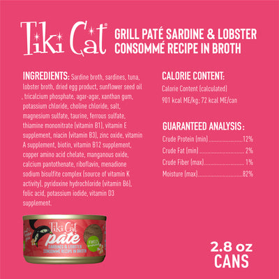 Tiki Cat Grill Pâté Sardines & Lobster Consommé Recipe in Broth Wet Cat Food - Product Highlights 2 - Tiki Cat - PetMax Canada