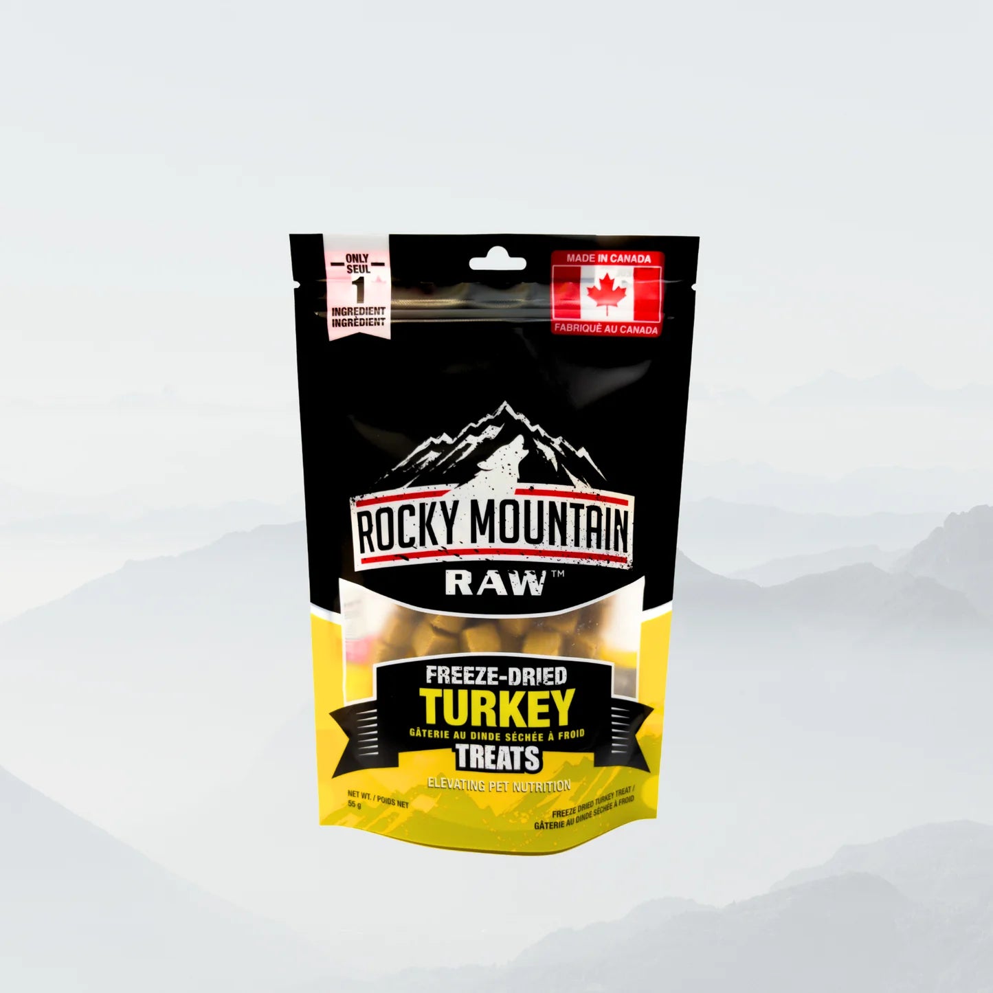 Package of Rocky Mountain Raw freeze-dried turkey treats on a white background