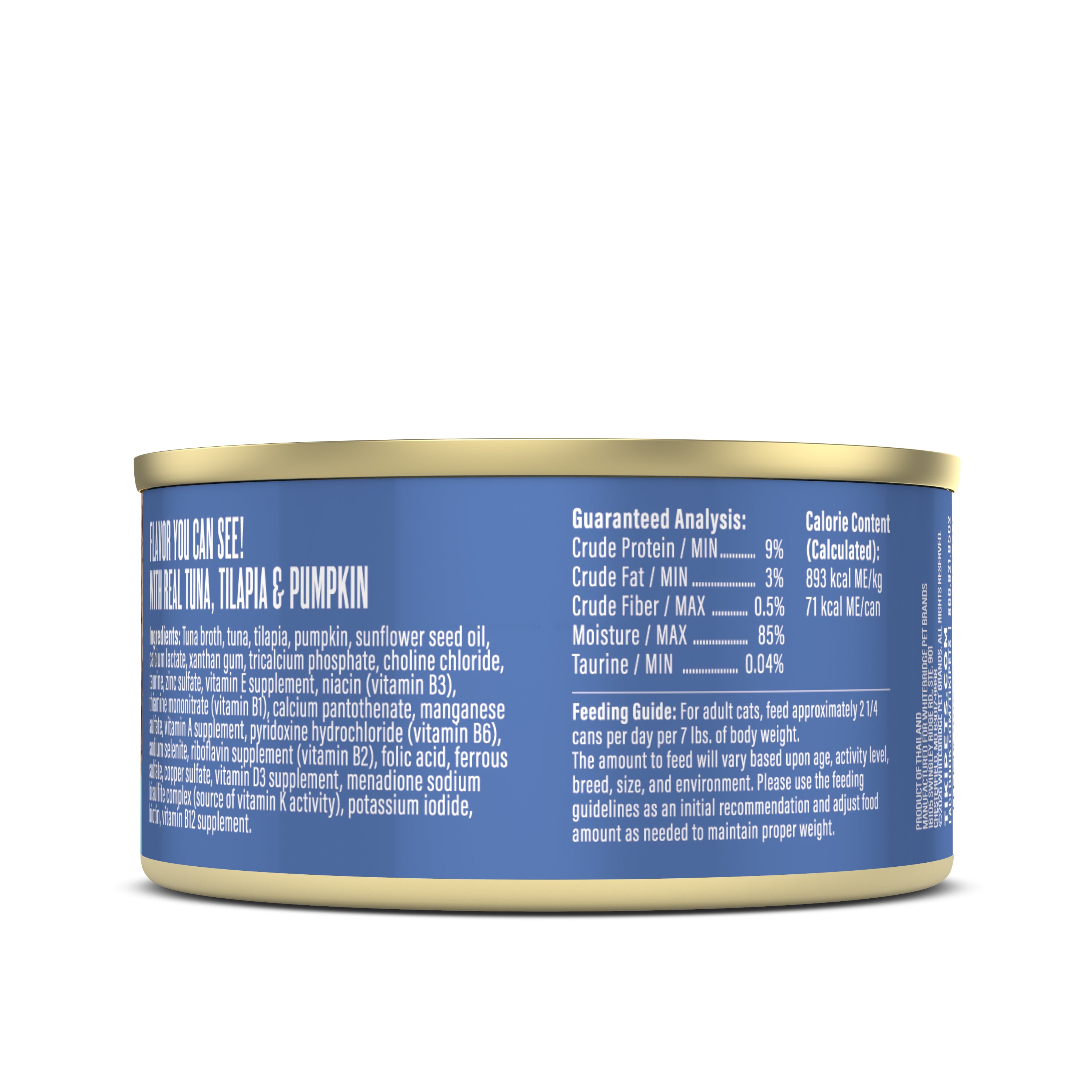 Tiki Cat Aloha Friends Tuna, Tilapia & Pumpkin Recipe in Broth Wet Cat Food - Back of Pack Nutrition Info - Tiki Cat - PetMax Canada