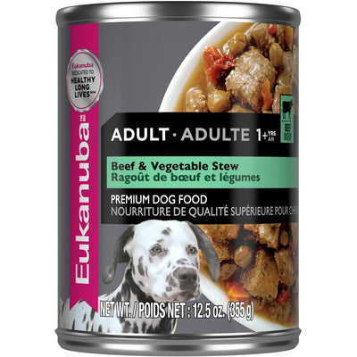 Front of can, label view - Eukanuba Adult Beef & Vegetable Stew Canned Dog Food - PetMax Canada