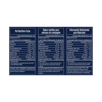 Pet Nutrition Facts panel in English, French and Spanish - Eukanuba Adult Large Breed - PetMax Canada