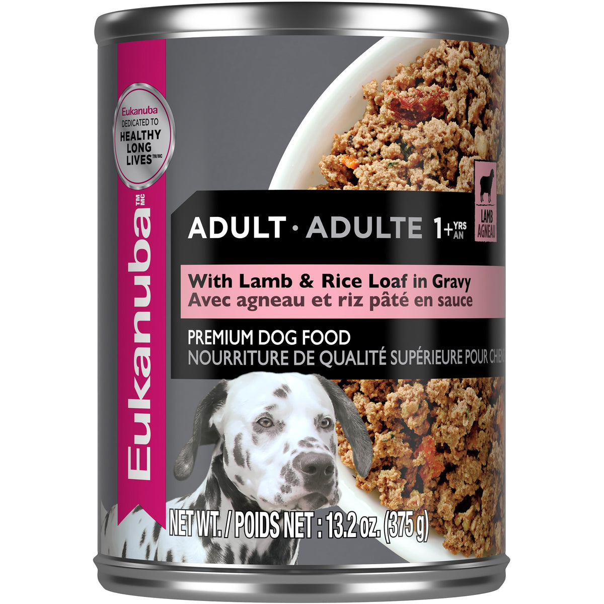 Front of can, label view - Eukanuba Canned Dog Food Lamb & Rice Entree - PetMax Canada