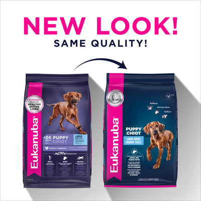 New look, same quality - the former Eukanuba Puppy Large Breed bag and the new navy and pink bag - PetMax Canada