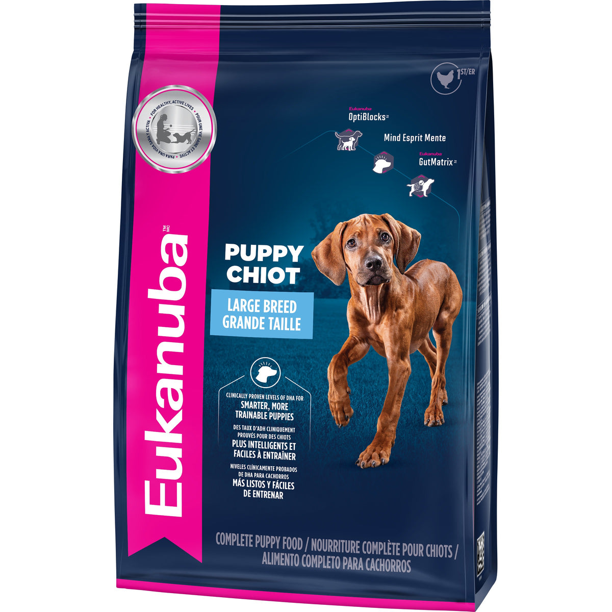 Eukanuba Puppy Large Breed Dry Dog Food bilingual bag, front left view - PetMax Canada