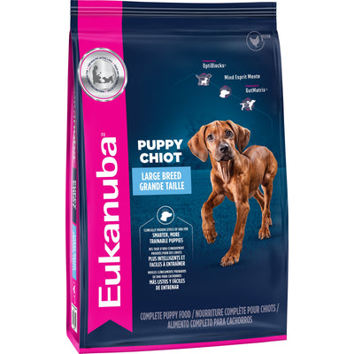 Eukanuba Puppy Large Breed Dry Dog Food bilingual bag, front right view - PetMax Canada