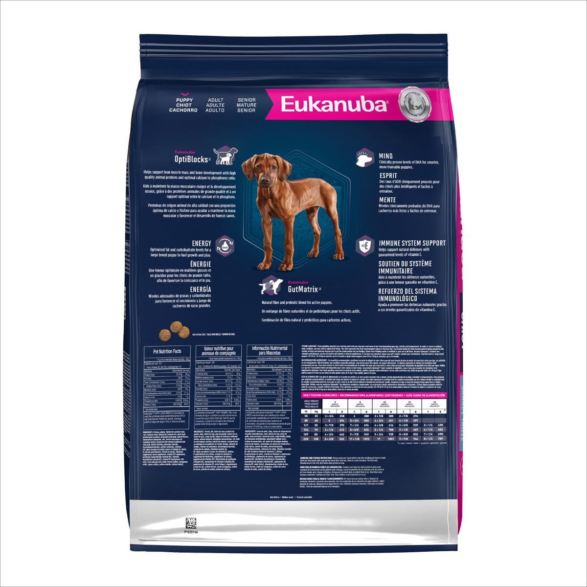 Eukanuba Puppy Large Breed Dry Dog Food back of bag - OptiBlocks, Mind, Energy, Immune System Support and GutMatrix - PetMax Canada