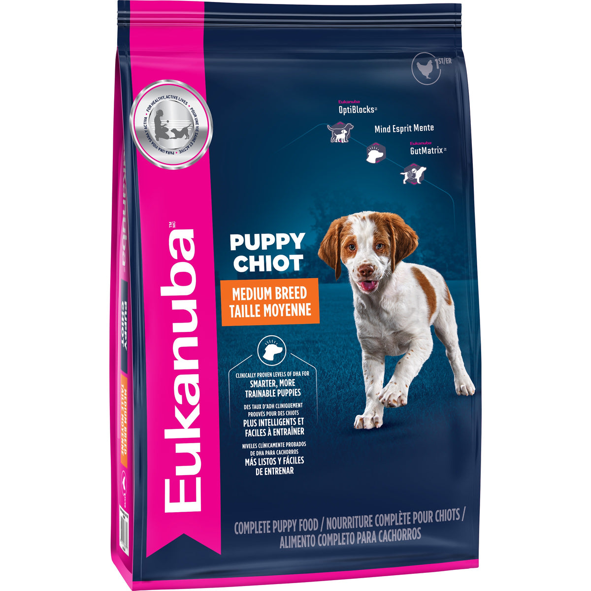 Eukanuba Puppy Medium Breed Dry Dog Food front of bag, right angle - Dog Food - Eukanuba - PetMax Canada