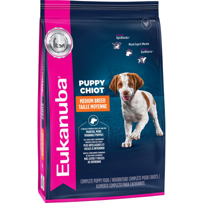 Eukanuba Puppy Medium Breed Dry Dog Food front of bag, right angle - Dog Food - Eukanuba - PetMax Canada
