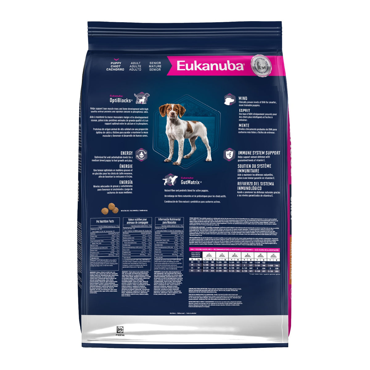Eukanuba Puppy Medium Breed Dry Dog Food back of bag - OptiBlocks, Mind, Energy, Immune System Support and GutMatrix - PetMax Canada
