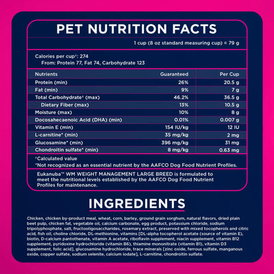 Pet Nutrition Facts and ingredients - Eukanuba WM Weight Management Large Breed - PetMax Canada
